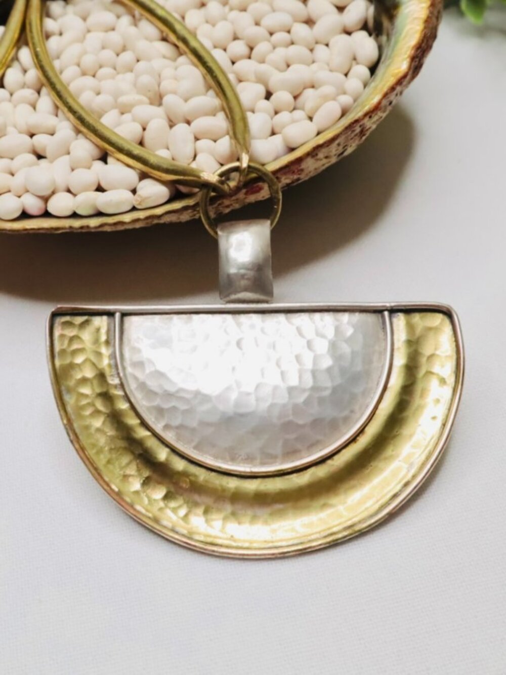 Vintage 70s Sterling Silver Brass Mixed Metal Pendant Necklace Boho Statement